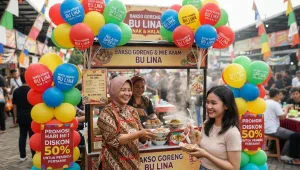 Balon dengan nama dan logo usaha untuk menarik perhatian pelanggan saat promosi kuliner.