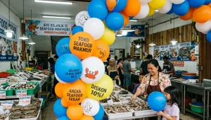 Balon sablon Lampung sebagai dekorasi promosi toko seafood dengan warna cerah dan tulisan diskon.