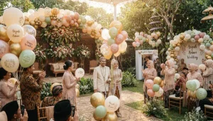Dekorasi balon sablon bernuansa pastel menghiasi acara pernikahan di area outdoor