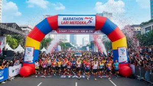 Balon promosi Makassar berupa balon gate untuk mendukung event lari marathon