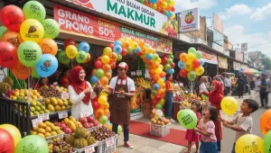 Balon sablon warna-warni menghiasi depan toko buah dalam kegiatan promosi dan grand opening.