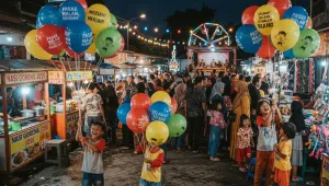 Balon sablon warna-warni dengan desain tulisan promosi yang digunakan untuk menarik perhatian pengunjung pasar malam.