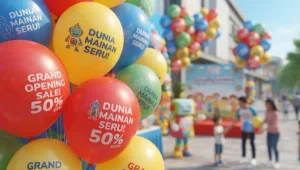 Balon sablon custom warna-warni untuk memeriahkan grand opening toko mainan dengan desain promosi