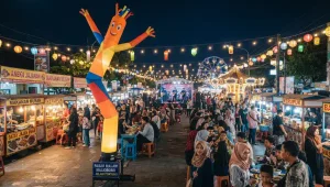 Balon sky dancer digunakan untuk menarik perhatian pengunjung di area pasar malam yang ramai.