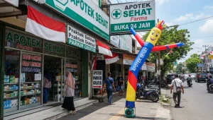 Balon sky dancer Makassar berdiri di depan apotek sebagai penanda promosi dan menarik perhatian pengunjung.