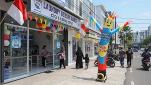 Balon joget berdiri di depan toko laundry sebagai media promosi dan penanda lokasi usaha.