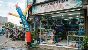 Balon sky dancer Manado di depan toko ikan hias untuk menarik perhatian pelanggan