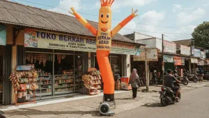 Balon promosi berbentuk sky dancer berdiri di depan toko sembako untuk menarik perhatian pelanggan.